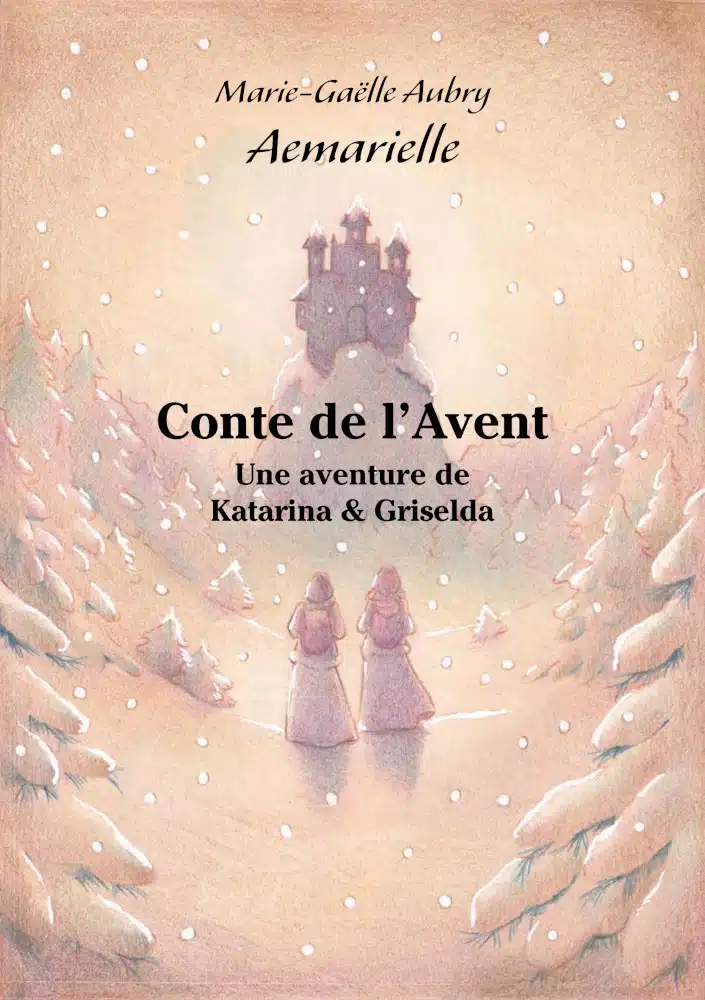 Couverture numérique du conte de l'avent, avec un paysage de neige où se détache un château sombre et deux silhouettes qui marchent dans sa direction.