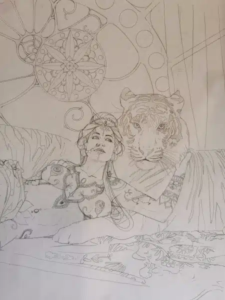 Un crayonné montrant une courtisane d'Inde ancienne alanguie contre le flanc d'un tigre.