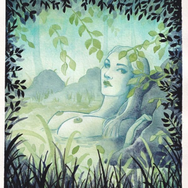 Dans un écrin d'eau et de végétation vert et noir, une femme à la peau verte se prélasse dans l'eau. L'esprit de la rivière par Aemarielle