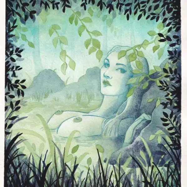 Dans un écrin d'eau et de végétation vert et noir, une femme à la peau verte se prélasse dans l'eau. L'esprit de la rivière par Aemarielle