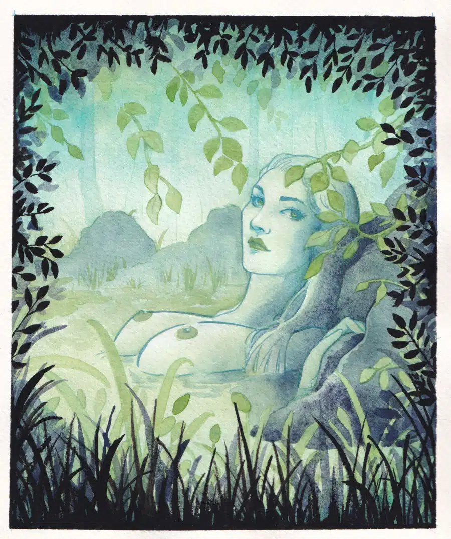 L'esprit de la rivière Dans un écrin d'eau et de végétation vert et noir, une femme à la peau verte se prélasse dans l'eau. L'esprit de la rivière par Aemarielle