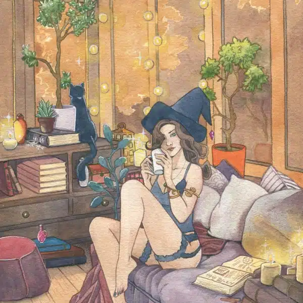Une sorcière en train de boire une tasse de café.