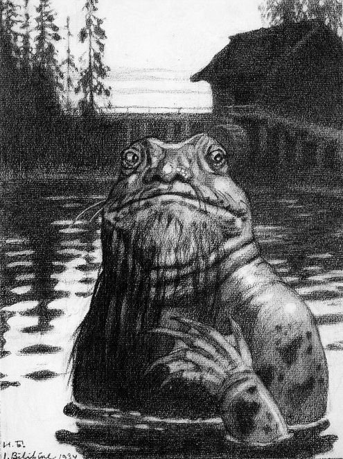 Un dessin en noir et blanc du Vodianoï, une créature humanoïde, mais ressemblant à un crapaud, en partie immergée dans une rivière. 