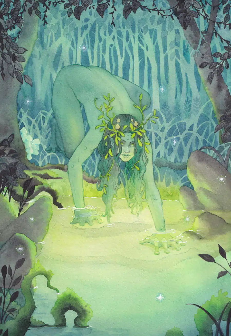 La fille du Vodianoï-BD Une créature féminine à l'allure batracienne, avec une peau verte et des mainset pieds palmés, descend dans un bassin lumineux qui contraste avec le décor sombre tout autour.