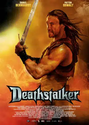Affiche du film Deathstalker, où le héros brandit une épée façon Conan le Barbare, sur un fond enflammé.
