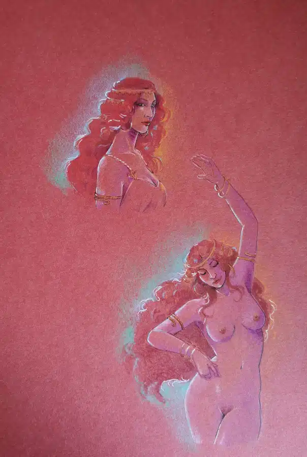 Un portrait d'Alaia tête et épaules aux crayons de couleurs sur papier rouge, et un portrait tête buste hanche d'Alaia en train de danser.