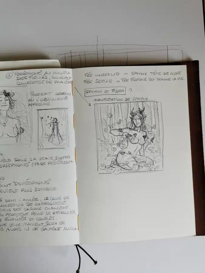 Un carnet de croquis ouvert sur des notes en vrac et des crayonnés brouillons.