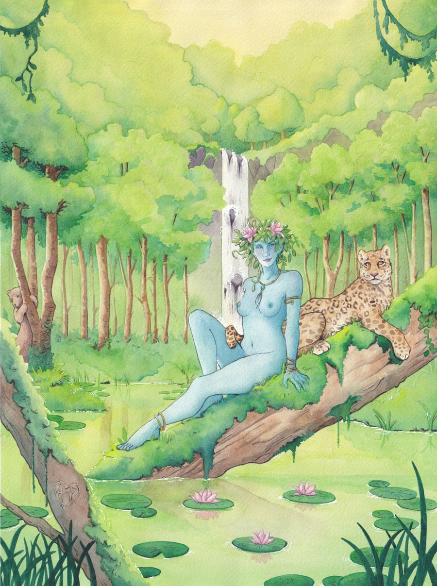 Une elfe à la peau bleue nue sur un tronc d'arbre au-dessus d'un étang. Autour d'elle, de la nature verdoyante et à ses côtés, un otorongo.
