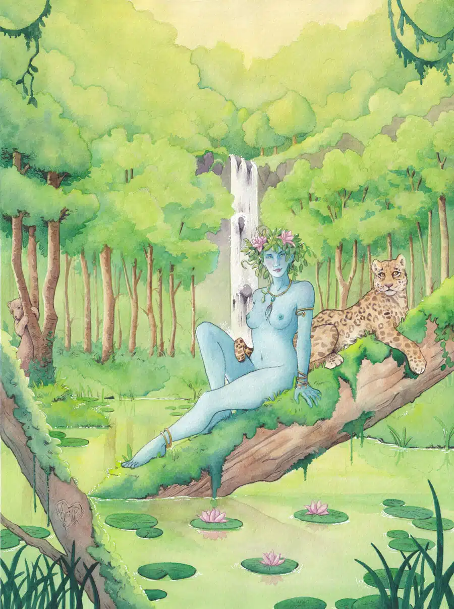 Commande personnalisée elfe et otorongo Une elfe à la peau bleue nue sur un tronc d'arbre au-dessus d'un étang. Autour d'elle, de la nature verdoyante et à ses côtés, un otorongo.