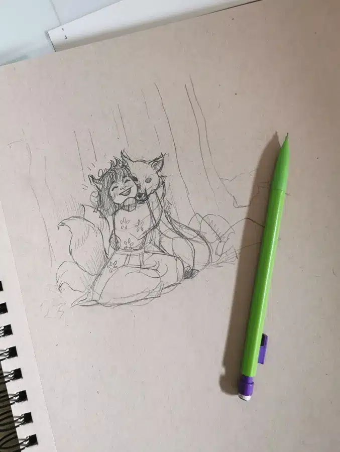 Un croquis au crayon d'une petite fille qui étreint un renard.