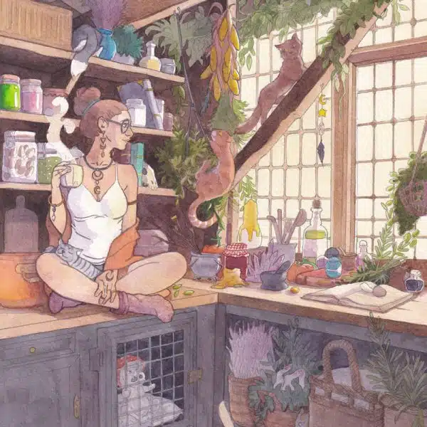 Une sorcière en tailleur sur le comptoir de son laboratoire boit un café pendant que des chats mettent la pagaille dans la pièce. Aquarelle originale par Aemarielle