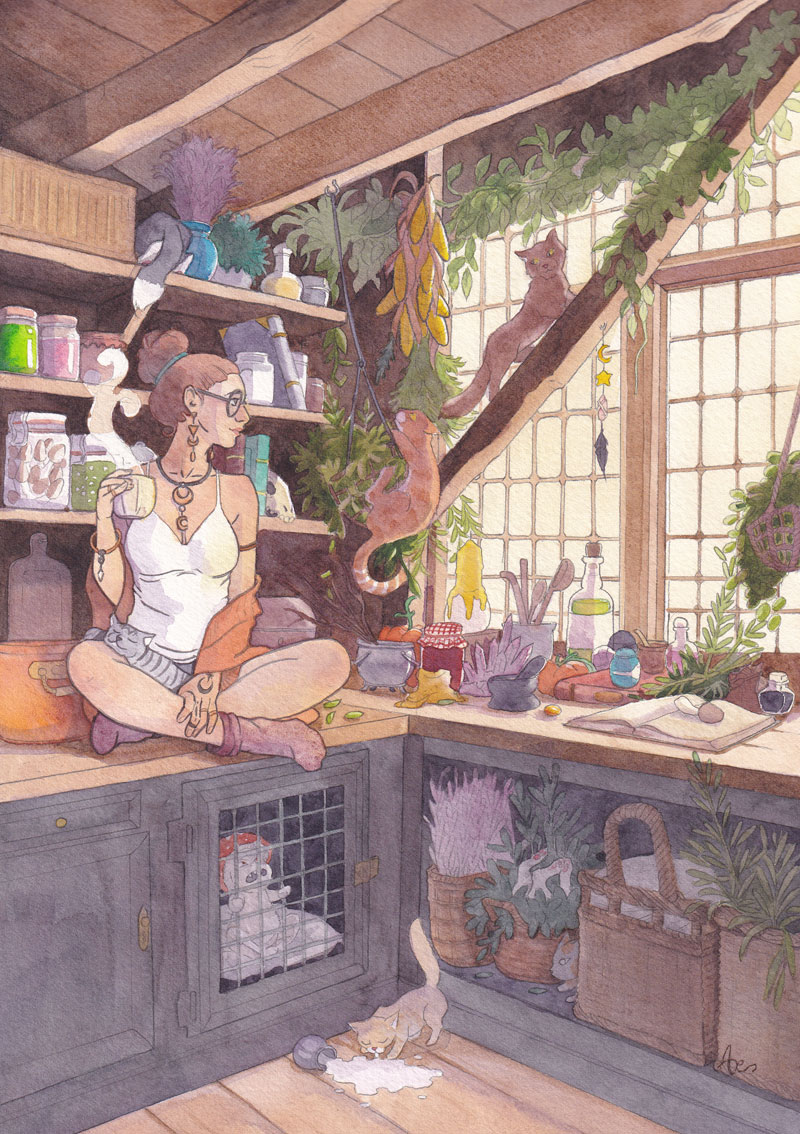 La sorcière aux chats – Aquarelle originale